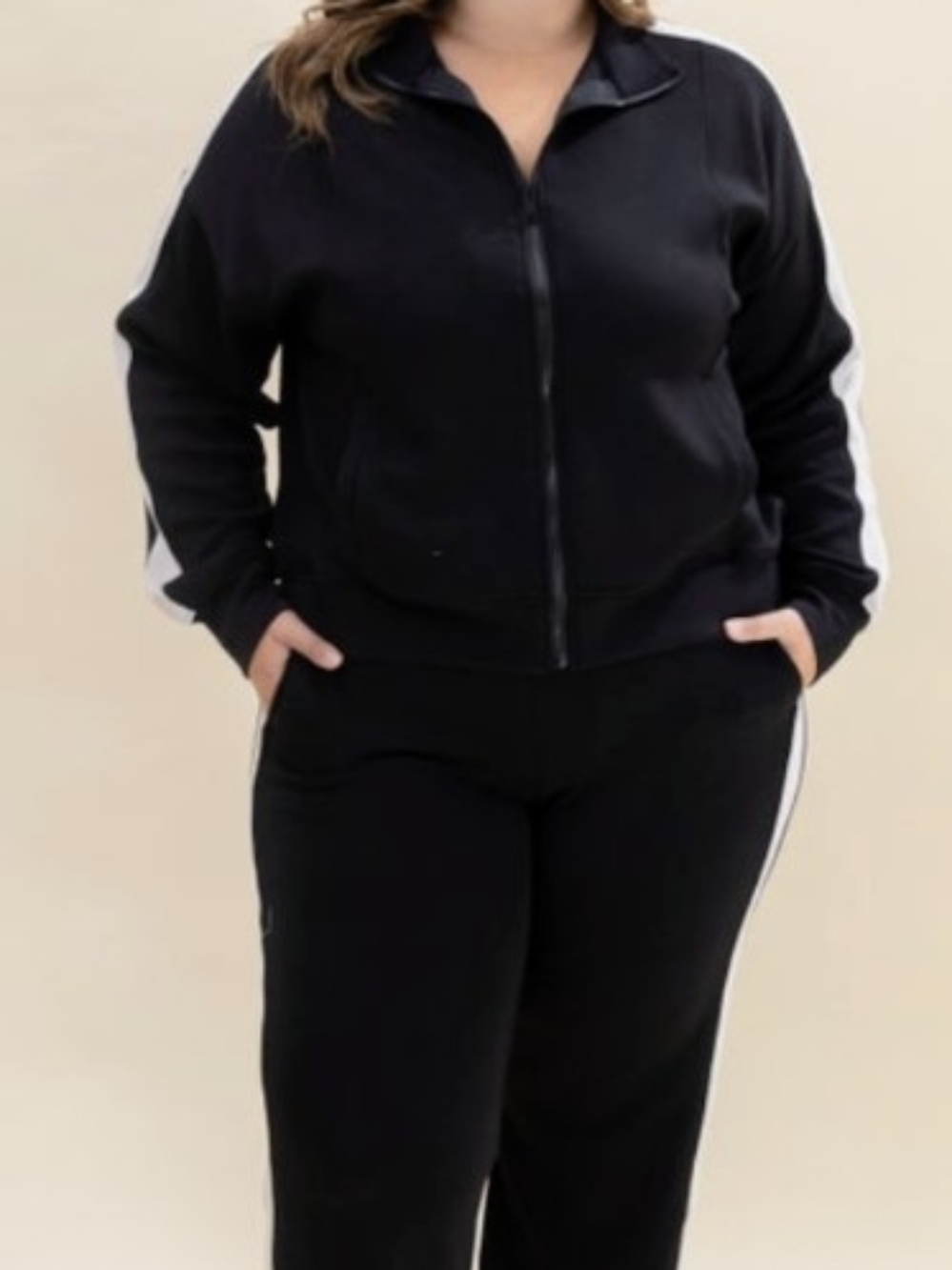 Rae Mode Scuba Knit Zippered Top and Matching Pants With Cream Side Stripe NWT